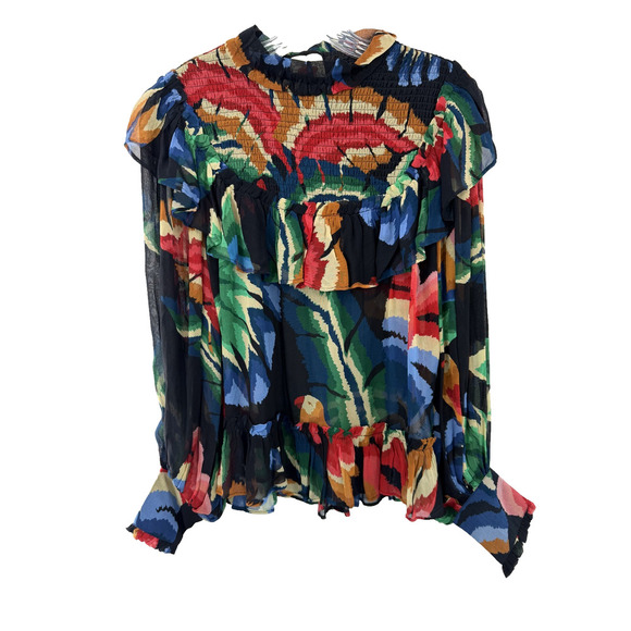 FARM Rio Tops - Farm Rio Women's Abstract Multicolor Ruffle Collared Smocked Blouse Size XS